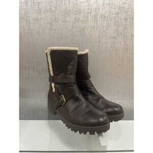 Nine West Women's Black Leather Buckled Fleece Winter Boots Sz 10M (A398)